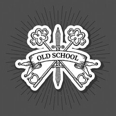 Old school tattoo logo with key and knife with outline and shadow in classic black and white retro style