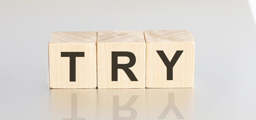 TRY - financial business concept on a white background. Wooden cubes .