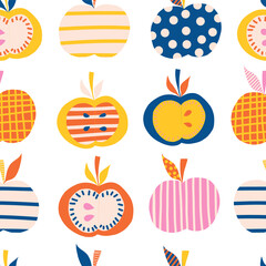 Apples seamless vector pattern. Cute abstract apple illustration background. Fruits in blue, pink, orange, yellow Scandinavian style. Use for kids products, children decor, fabric, kids fashion