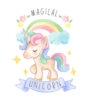 Cute Unicorn with Ribbon and Colorful Rainbow Illustration