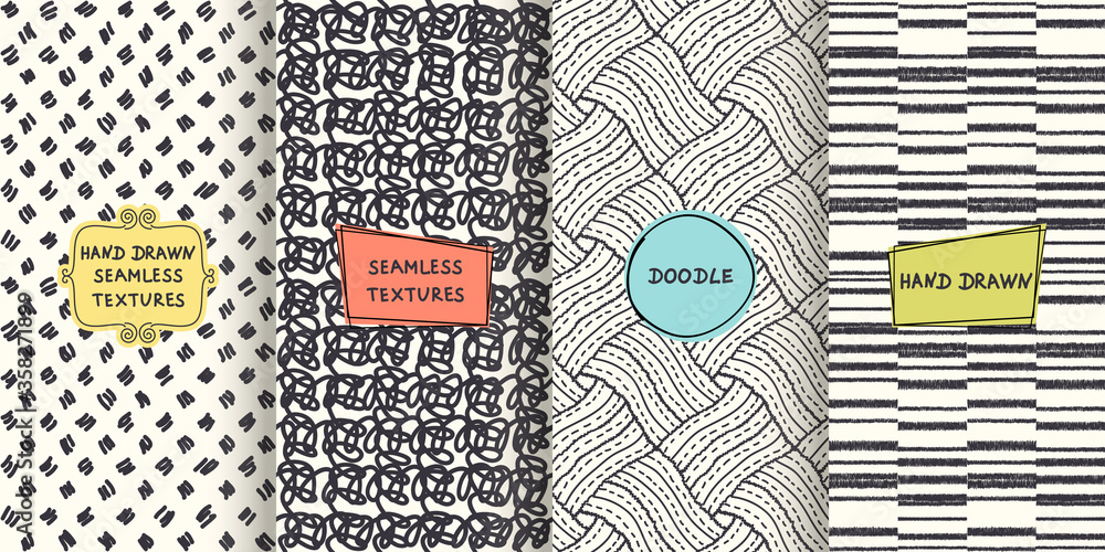Poster set of seamless hand drawn texture designs for backgrounds, business cards, web design. doodle patte