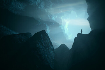 man exploring big cave, surreal 3d illustration