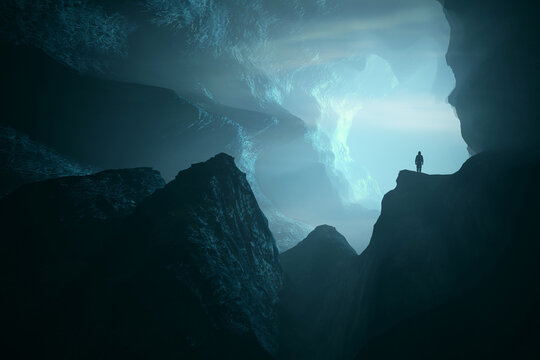 man exploring big cave, surreal 3d illustration - Powered by Adobe