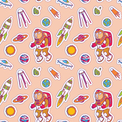 Seamless pattern set of galaxy cosmic elements astronaut, earth, satellite, comet, planet, sun, rocket and meteorite univerce vector cartoon illustration space cosmos stisker