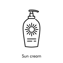 Concepto vacaciones de verano. Icono plano lineal dispensador de crema solar en color negro