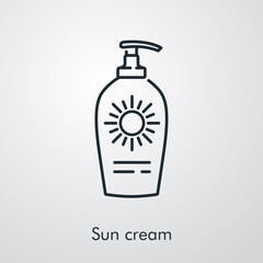 Concepto vacaciones de verano. Icono plano lineal dispensador de crema solar en fondo gris