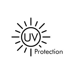 Concepto vacaciones de verano. Crema solar. Icono plano lineal texto UV Protection en sol en color negro
