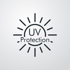 Concepto vacaciones de verano. Crema solar. Icono plano lineal texto UV Protection en sol en fondo gris