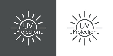 Concepto vacaciones de verano. Crema solar. Icono plano lineal texto UV Protection en sol en fondo gris y fondo blanco © teracreonte