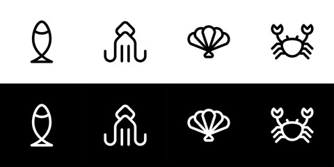 Seafood icon set. Flat design icon collection isolated on black and white background. Fish, squid, clam, and crab.