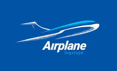 Airplane logo flight plane silhouette white color blue background