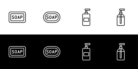 Soap icon set. Flat design icon collection isolated on black and white background. Soap bar and liquid soap.