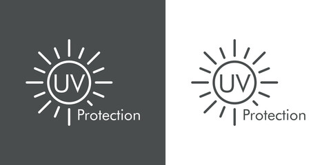 Concepto vacaciones de verano. Crema solar. Icono plano lineal texto UV Protection en sol en fondo gris y fondo blanco