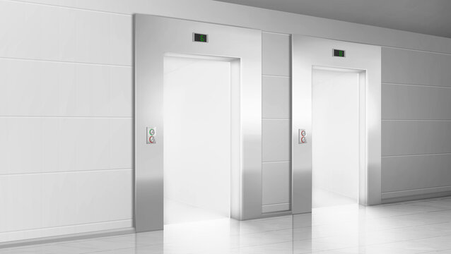 Empty hallway with light from open elevators doors. Vector realistic modern office or hotel lobby interior with lift, metal panel with buttons and floor display on wall