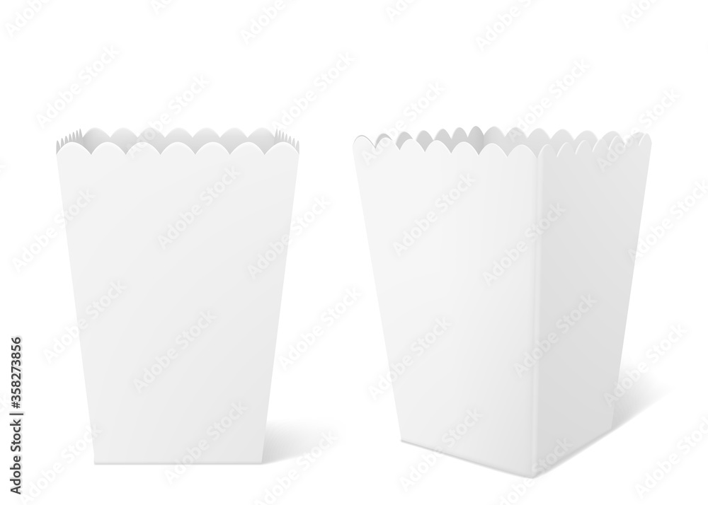 Poster white paper box for popcorn isolated on background. vector realistic mock up of empty bucket for pop