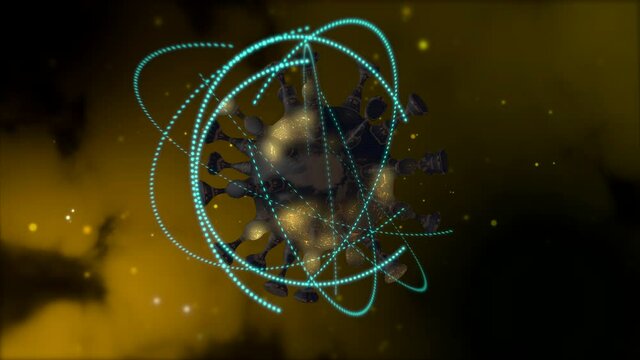 The second wave of coronavirus. 3d render of abstract virus cell inside a transparet bubble over blurred dark yellow background.