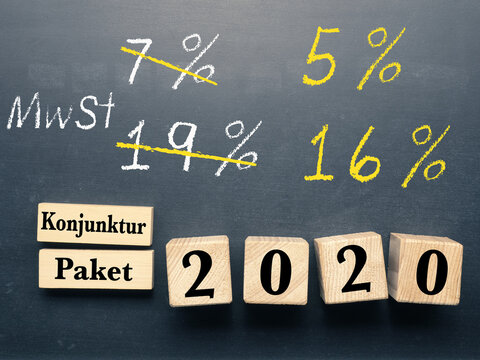 Conceptual image with wooden blocks on a chalkboard for economic stimulus package for Germany.