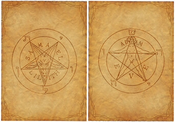 Mystical pentagram, old pages isolated on white background.