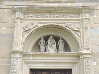 Sculpures representing Madonna and Child in the facade of Sanctuary.