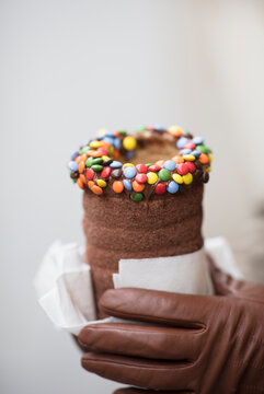 Tredelnik Spit Cake covered in sugar, chocolate and sweets, Brno, Czech Rep, Europe - 23rd February 2018