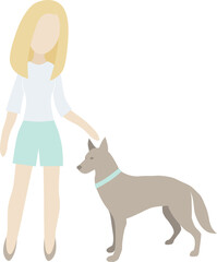Vector colored flat design standing blonde girl and brown dog companion, isolated on white background