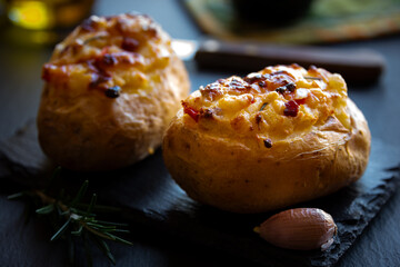 Baked potatoes stuffed with cheese, vegetables and rosemary