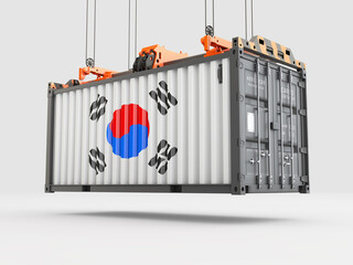 Container with South Korea Flag and Crane Hook. 3D rendering