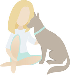 Vector colored flat design sitting blonde girl and brown dog companion, isolated on white background