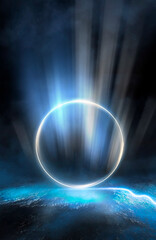 Wet asphalt, reflection of neon lights, a searchlight, smoke. Abstract light in a dark empty street with smoke, smog. Dark background scene of empty street, night view, night city.