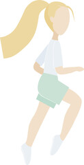 Vector flat sportive blonde girl running in blue shirt and green shorts, isolated on white background