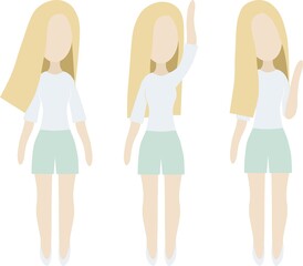 Vector set of flat isolated colored sportive standing girl in blue shirt, green shorts and blonde hair 