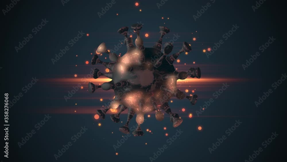 Poster pandemic virus cell rotating over nebula background with light particles.