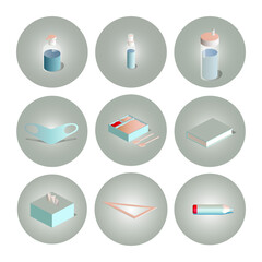 Vector illustration collection of back to school item. Consist of drink bottle, soap, hand sanitizer, protective face mask, lunch box, book, tissue, triangle ruler, and pencil.