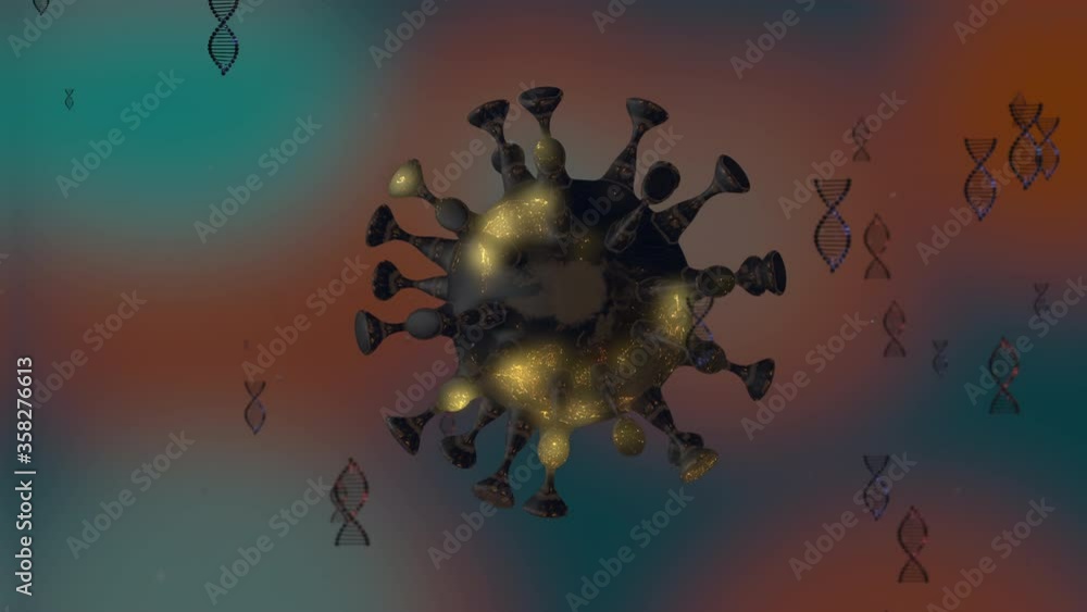 Poster 3d animation of rotating big virus attacking dna strands.