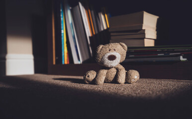 Teddy bear is sitting on carpet next to blurry bookshelf background,Lonely teddy bear stay home alone in living room at night