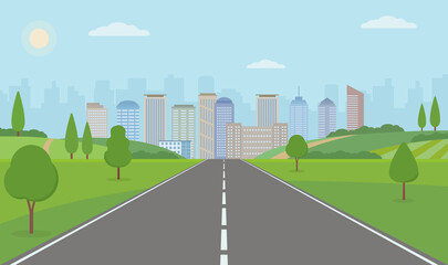 Road To City. Straight empty road through the meadow. Summer landscape vector illustration. © alazur