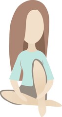 Vector flat colored sitting girl in blue shirt with brown hair, isolated on white background