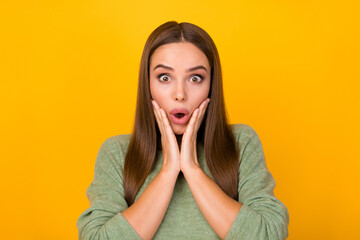 Portrait of astonished impressed girl look good wonderful private confidential ads promo novelty...