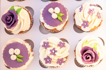 Set of different delicious cupcakes in a paper box for celebration.