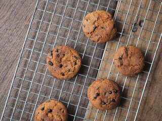 Chocolate chip cookies on wooden table