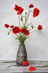 poppies flowers in wicker vase 