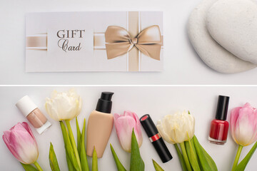 Collage of gift card near zen stones and decorative cosmetics near flowers on white background