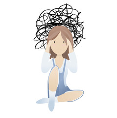 Vector colorful flat isolated girl in blue shirt with headache or cognitive and mental problems, sad, depressive, isolated on white background