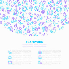 Teamwork concept with thin line icons: relay race, brainstorm, success, meeting, idea share, collaboration, joint project, unity, support, delegation, bonus. Modern vector illustration.