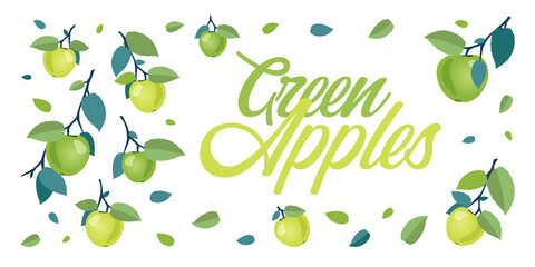 Ripe green and yellow apples on branches with leaves. Cartoon vector illustration of fresh fruits on white background for leaflets, flyers, banners, posters, decor or print design