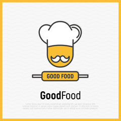 Logo for cafe or restaurant with chef in hat with mustache. Thin line vector illustration.