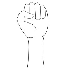Stop racism. Sketch. Fist raised to the top. Sign of protest. The struggle for rights and justice. Vector illustration. Outline on an isolated background. Doodle style. Idea for web design, banner.