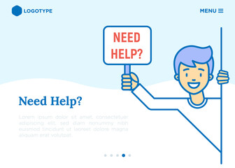 Happy man peeks out and holds the sign that asks 'Need Help?'. Support service, volunteering, charity concept. Web page template. Thin line vector illustration.