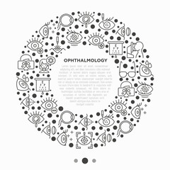 Ophthalmology concept in circle with thin line icons: laser eye surgery, eye test, eye drops, contact lenses, cataract, astigmatism, phoropter, autorefractometer, farsightedness. Vector illustration.