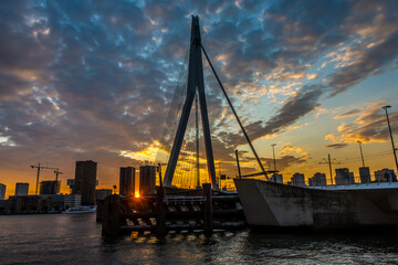 Cityscape of Rotterdam, The Netherlands with a dominant Erasmus Bridge during a beautiful sunset